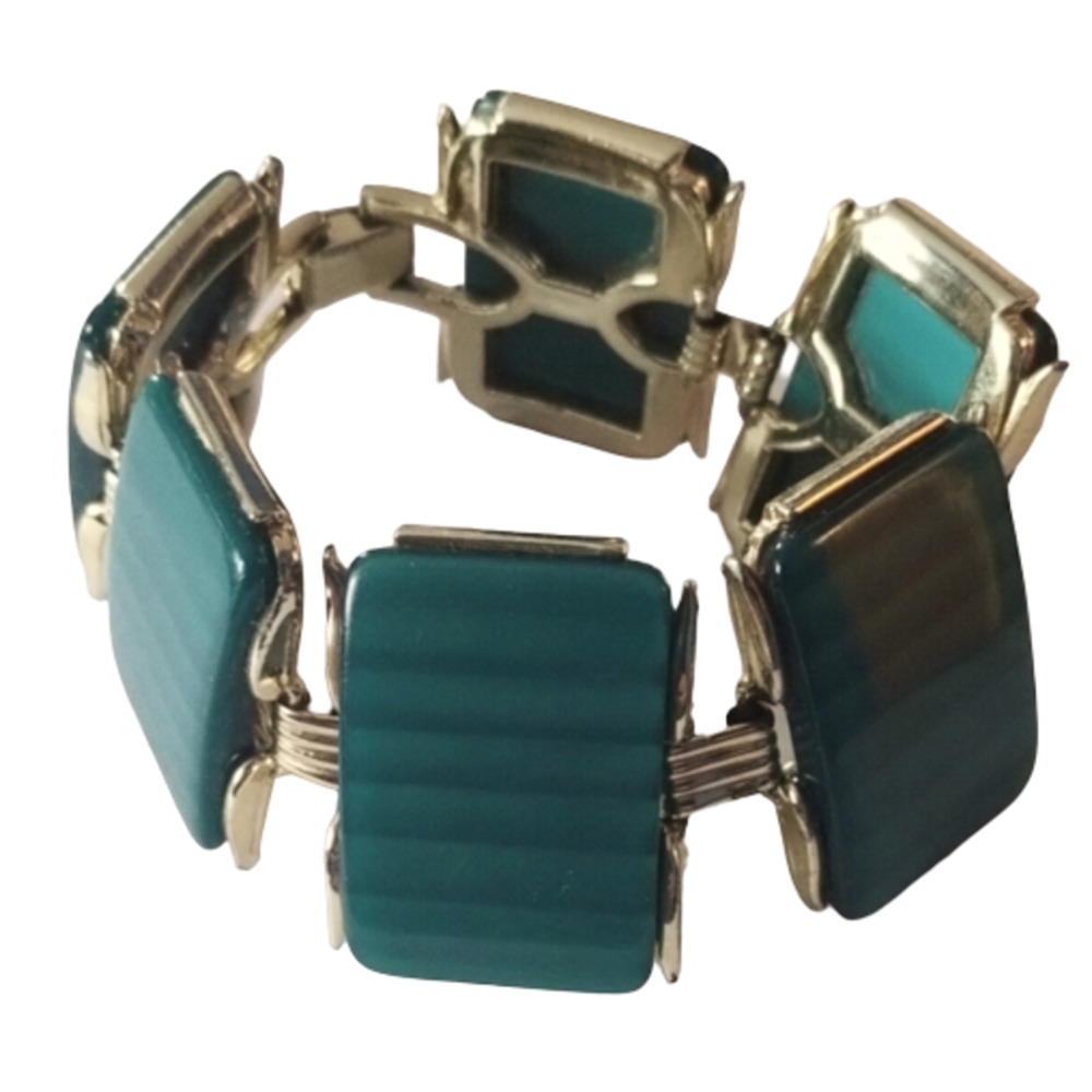 Vtg 1960s Green Gold Chunky Faux Malachite Thermoset Link Bracelet